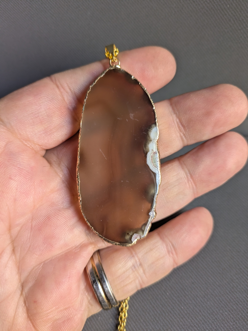 Brown Agate Slice Pendant Necklace - Gold Trim